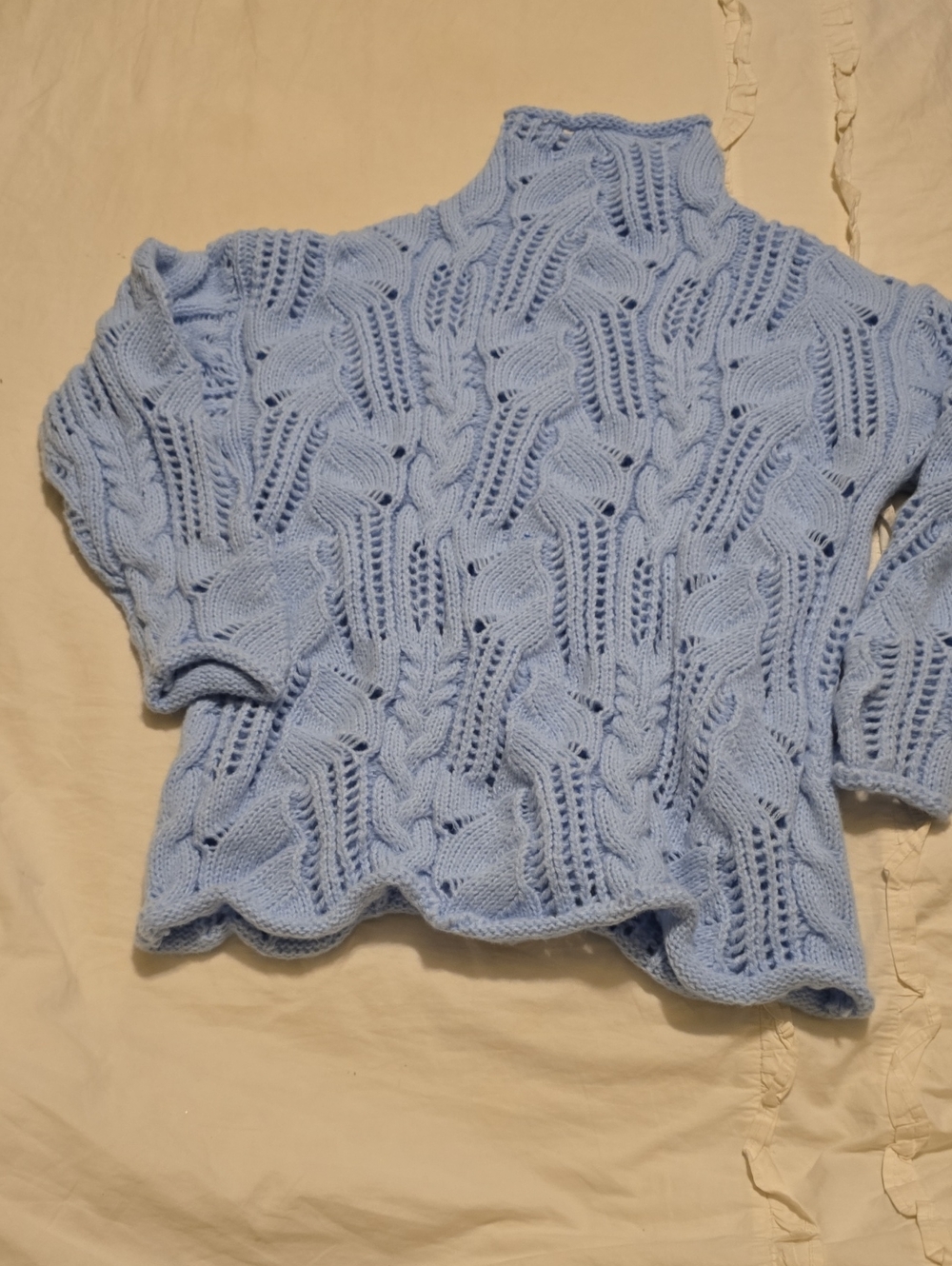 Aurora Light Blue Turtleneck Sweater. Hand Made Cable Knit. XL Never Been Worn.